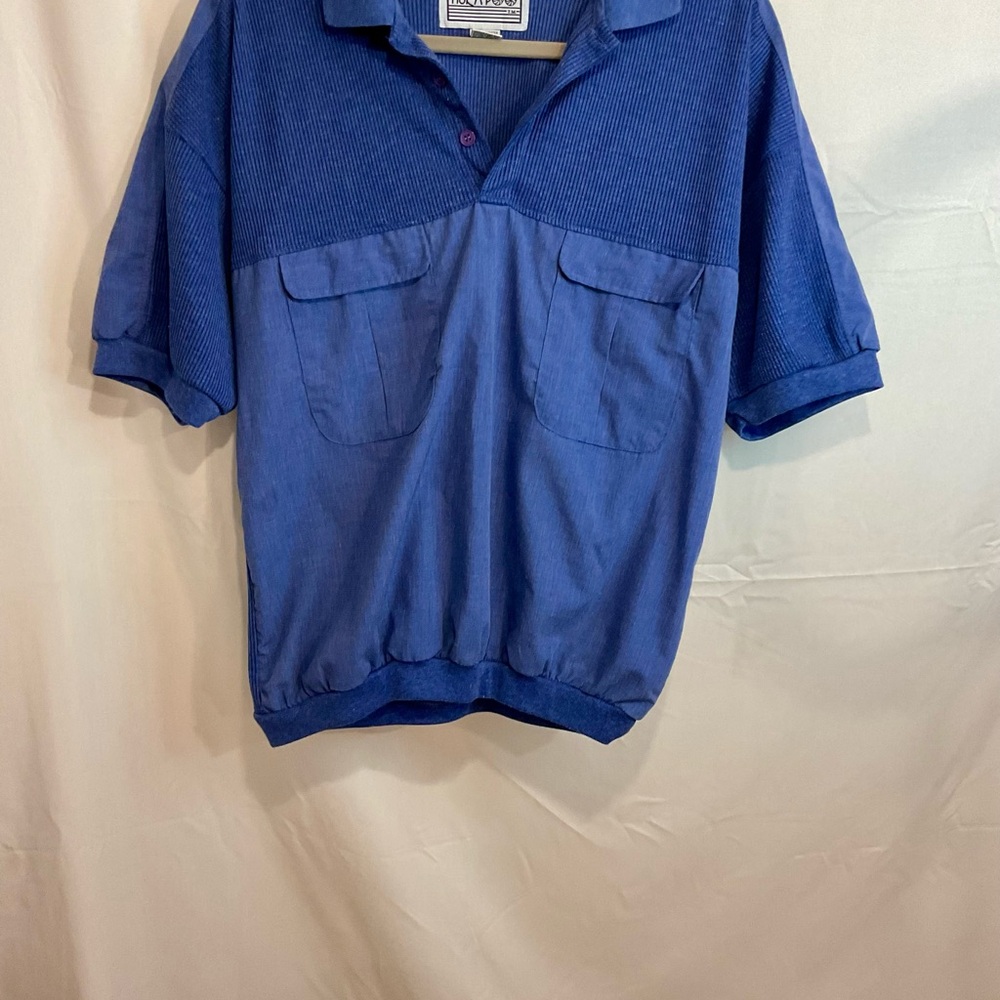 Huk-A-Poo Blue Jersey Polo Shirt with Color-Blocked Design Sz L
